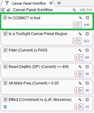 Fig 3. This ‘In COSMIC?’ filter card can quickly isolate only variants in the COSMIC database.