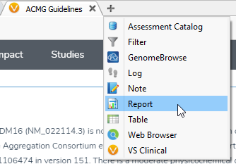 To render a clinical report click on the + icon and select report.