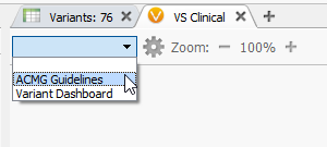 VSClinical can be accessed by clicking on the plus icon then selecting the ACMG Guidelines.