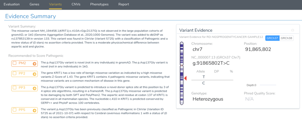 vsclinical novel splice site variant evidence summary