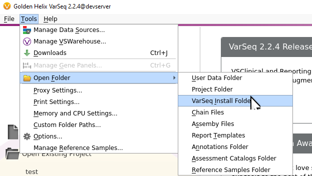 Accessing the VarSeq installation folder directly from the graphic user interface of the software.