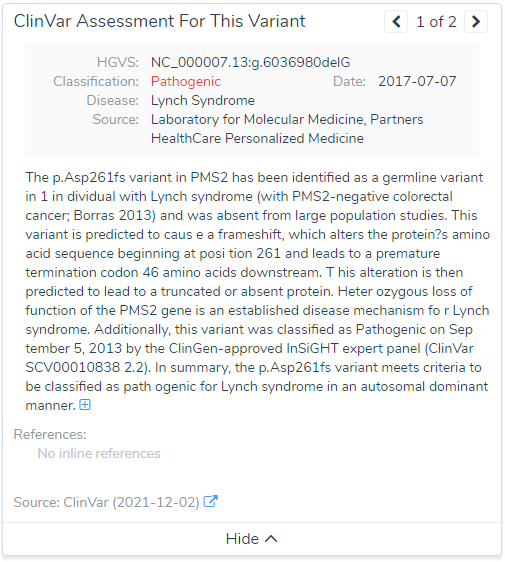 ClinVar submission for well established pathogenic variant in PMS2