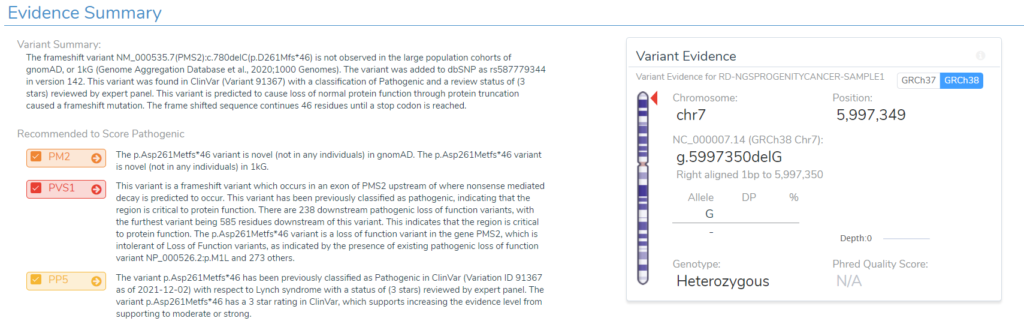 Evaluation summary for variant pathogenicity in VarSeq software developed by Golden Helix.