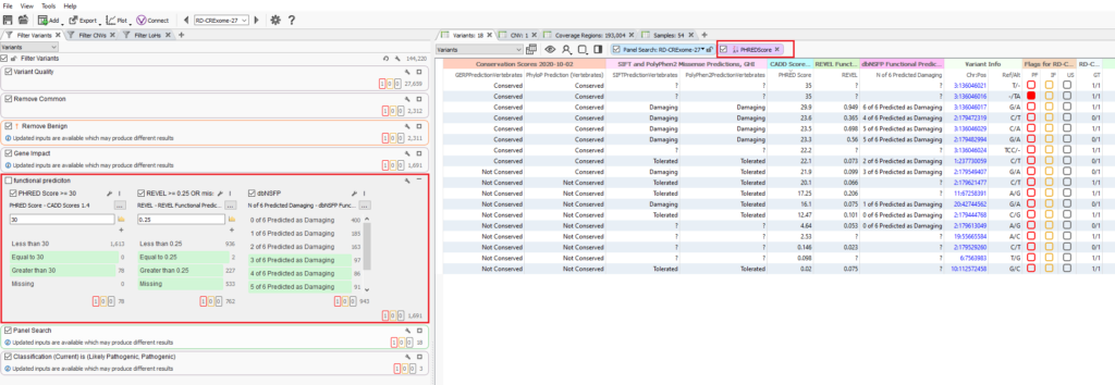 Eliminating functional prediction filters while sorting and grouping prediction scores in the VarSeq variant table.