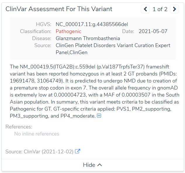 ClinVar submission for pathogenic frameshift variant in ITGA2B.
