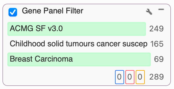 A Gene Panel Filter Card is configured with three panels, including SF v3.0