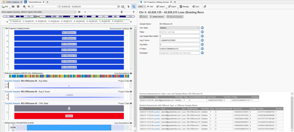Visualize overlapping CNVs in Genome Browse and view previous assessments captured in your catalog.