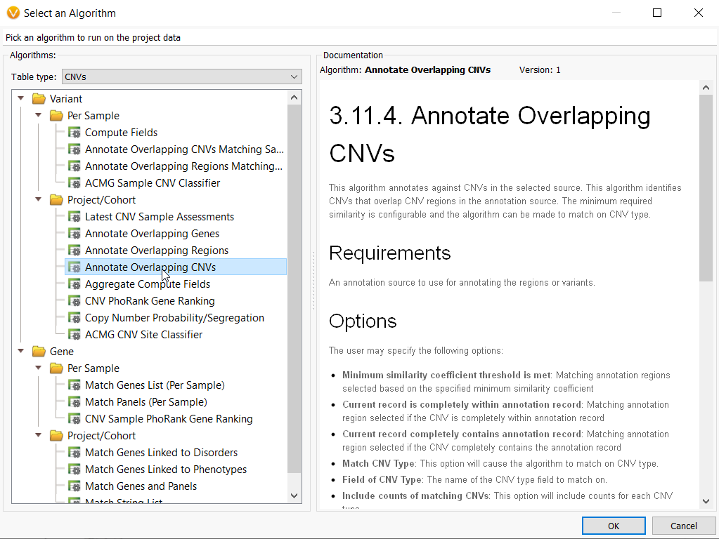 Choose the "Annotate Overlapping CNVs" algorithm. 