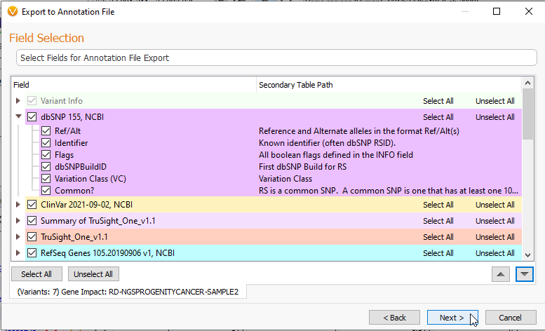 Selecting Fields for Annotation File Export