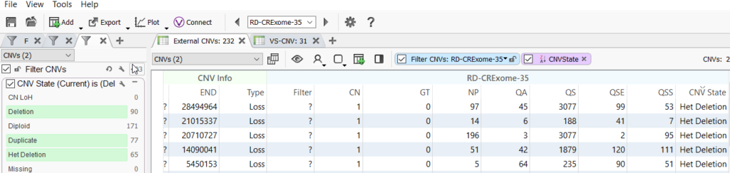 Figure 6. VarSeq imports CNV fields from the VCF and calculates additional useful fields like CNV state.