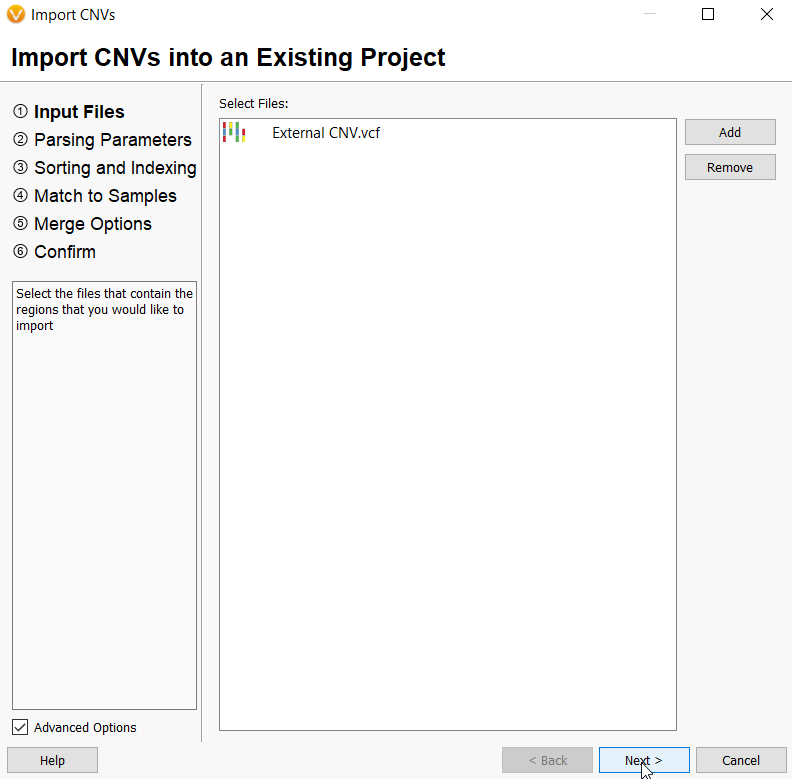 Figure 2. Importing CNV files into an existing project.