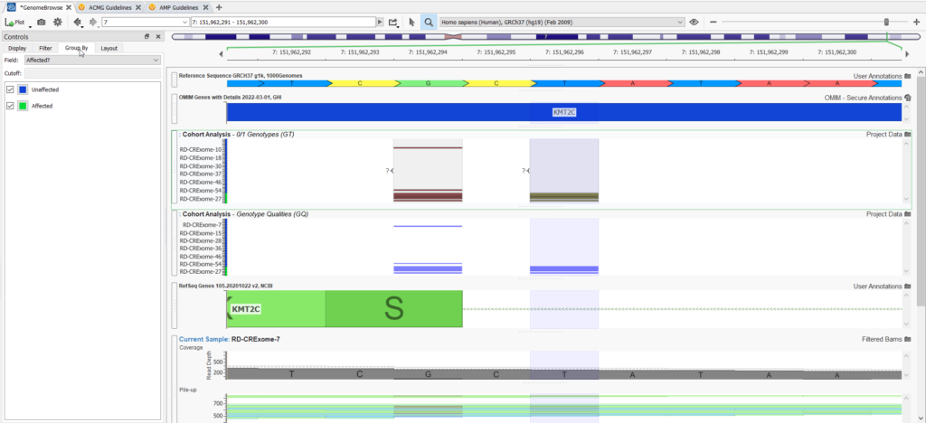 Figure 5. Genome Browse allows you to plot variants for the entire cohort by affection status.