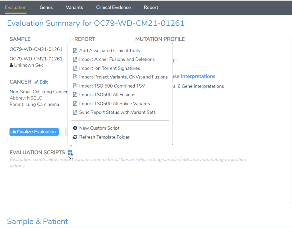 Figure 2: Evaluation Script options within VSClinical AMP