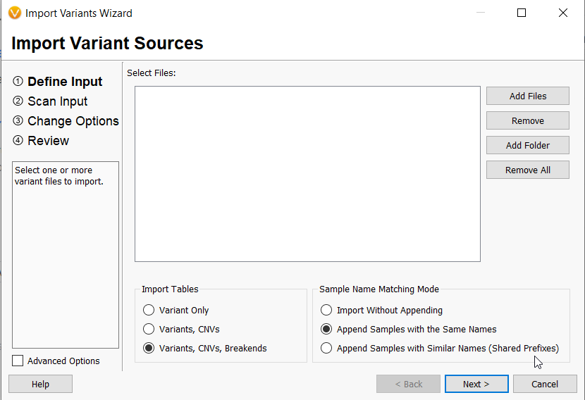 Figure 3: New VarSeq data importer supporting vcf file import of SNPs, CNVs and SVs